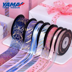 YAMA 10yards/roll Gold Folie Gedruckt Band 9 16 22 38 mm Satin Organza Bänder für Handwerk Geschenk verpackung DIY Dekoration