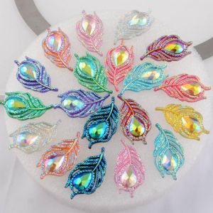 BOLIAO DIY 10 Pcs 20*38mm (0,79 * 1.5in) AB Farbe Pfau Blatt Harz Glänzende Mix Strass Flatback Kein Loch Wohnkultur Handwerk