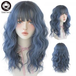 7JHH PERÜCKEN Blau Tiefe Welle Perücke Mit Pony Für Frauen Lange Omber Braun Haar Layered Hitze Beständig Cosplay Partei Synth