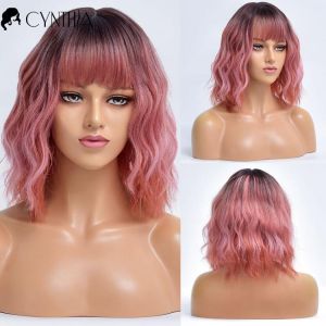 perücke Kurze Rosa Welle Ombre Täglichen Haar Synthetische Perücken Für Weiße Frauen Mit Pony Cosplay Hitze Beständig Natür