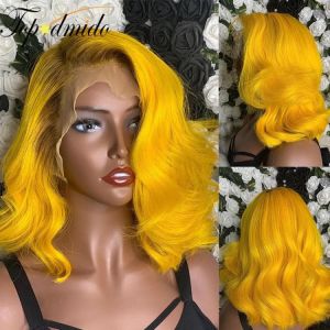 TOPODMIDO Gold Gelb Farbe Spitze Vorne Perücke mit Baby Haar Kurze Bob Perücken mit Dunklen Wurzeln Glueless Brasilianische Remy
