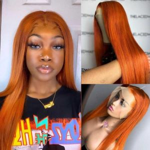 Orange Ingwer Farbe 13x4 Spitze Frontal Perücken Pre Gezupft Indischen Gerade Menschliches Haar Perücke Remy 4x4 spitze Schließ