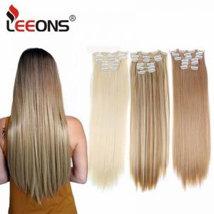 Leeons 16 farben 16 clips Lange Gerade Synthetische Haar Extensions Clips in Hohe Temperatur Faser Schwarz Braun Haarteil
