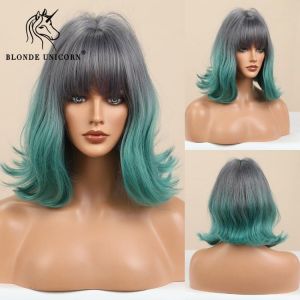 BLONDE EINHORN Synthetische Grau Ombre GRÜN 12 Zoll Kurze Wellenförmige Bob Perücken Täglichen Party Cosplay Perücke für Fra