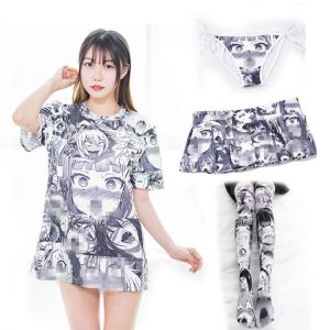 Anime Ahegao Hentai Cosplay Strümpfe T shirt Höschen Kostüme Cartoons Druck Rock Frau Kostüm