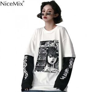 NiceMix Harajuku T shirt Frauen Gefälschte 2 Stück Drucken Japanischen Fujiang Horror Comics Langarm Shirt Frauen Vetement Femme