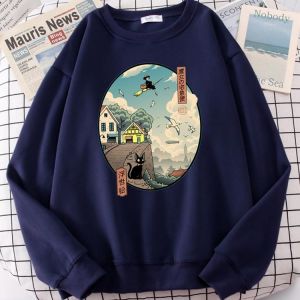 Ukiyoe Kiki der Lieferung Service Druck Sweatshirt Frauen Crewneck Pullover Hoodie Herbst Casual Fleece Kleidung Oversize Lose Hoo