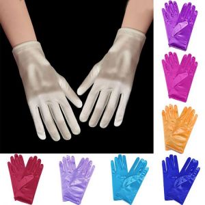 Mädchen Dame Satin Kurze Finger Handgelenk Handschuhe Glatt Abend Party Formale Prom Kostüm Stretch Handschuhe Rot Weiß Etikett