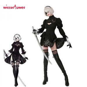 Nier: Automata YoRHa No.2 Typ B 2B Cosplay Kostüm Trikot Rock mit Haarband Leggings